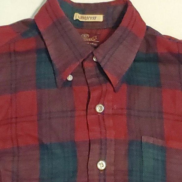 Vintage VAN HEUSEN Vanopress Wool Flannel Loop Collar Red Green Plaid Shirt Sz M - Picture 2 of 8